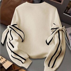 Cream Sweater with Black Striped Bow Sleeves
